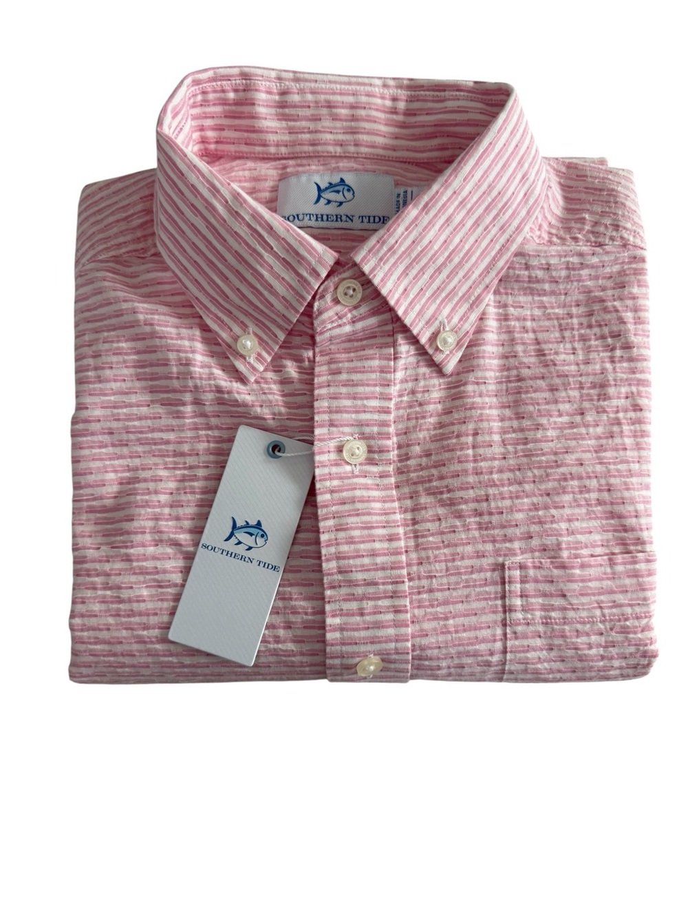 Southern Tide Stripe Pink Texture Cotton Short Sleeve Button Down Men's Shirt M